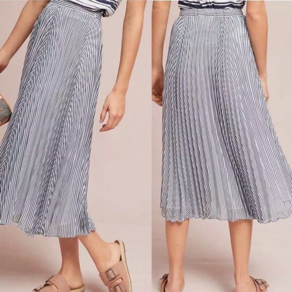 Maeve Anthropologie Striped Chiffon Pleated Midi Skirt Blue White Size Medium